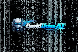 DavidDoesAI logo featuring a blue robot head icon with glowing eyes and digital matrix background